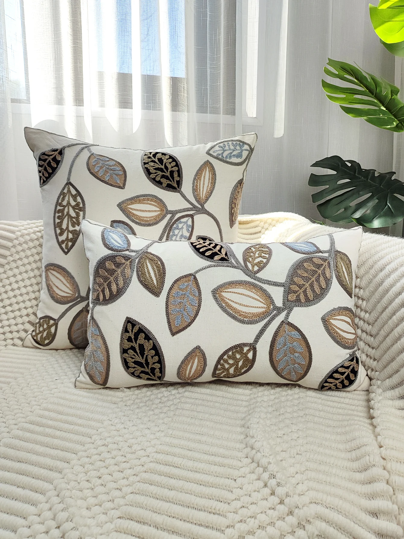 1pc, Leaf Embroidered Decorative Throw Pillow Case, Canvas Cushion Cover For Living Room, Home Decor