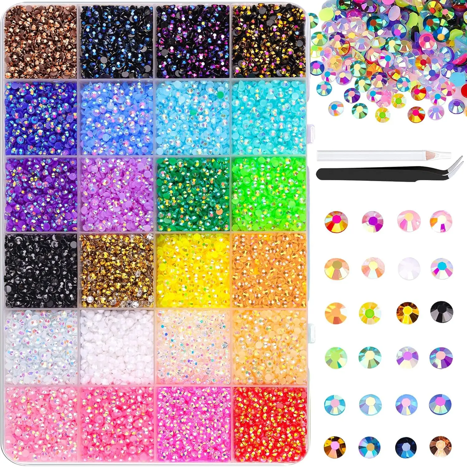 

3mm 24 Colors 1 Box Random Mixed ABS Colorful Rhinestone Nail Art Decorations, Flat Diamonds With Tweezers, Suitable For Manicur