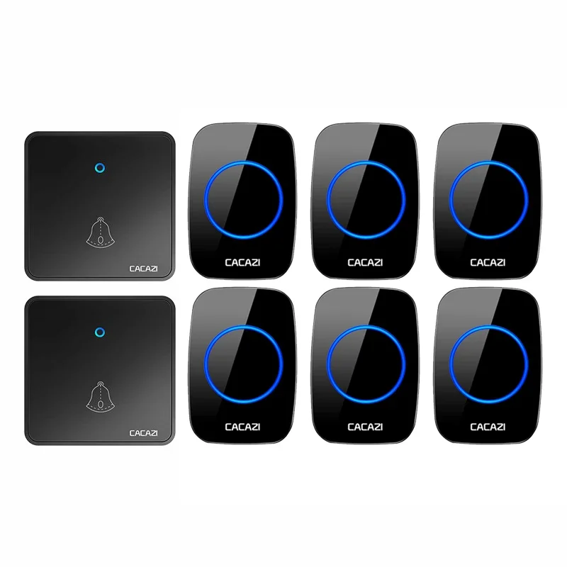 CACAZI  Outdoor Wireless Doorbell for Home Waterproof 2 Transmitter 6 Receiver 0-110DB 60 Chimes CR 2032 Battery US EU UK Plug