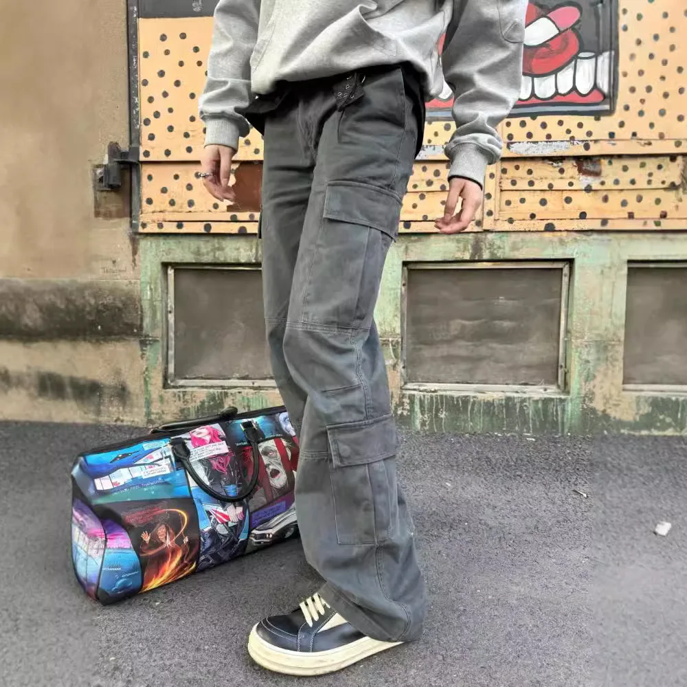 

Water-washed Brushed Cargo Mans Denim Pants, Vintage Multiple Pockets Men's Wide Leg Jeans, Y2k Slight Flare Gray Pants