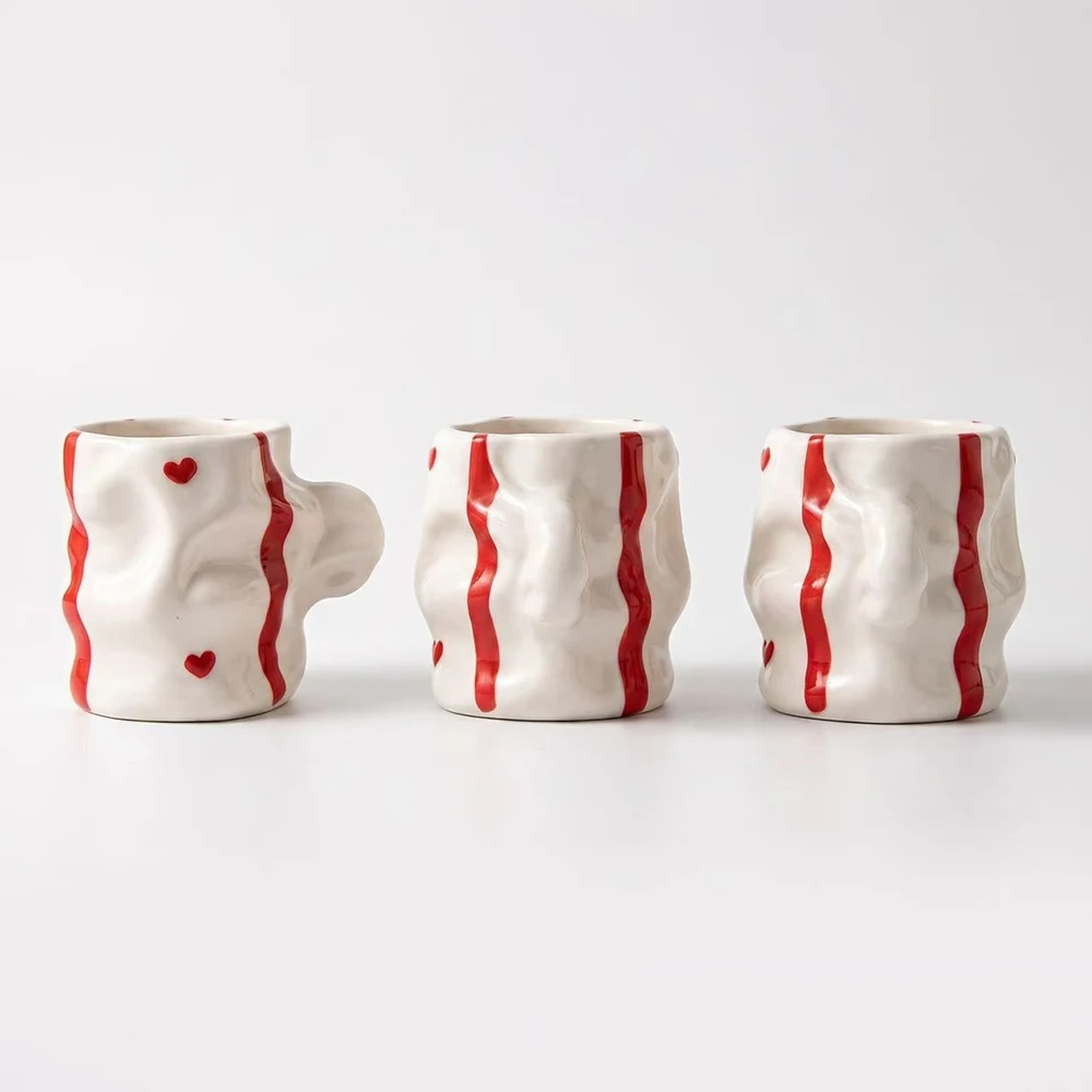 Irregular Wavy Ceramic Couple Mugs Heart Striped Textured Coffee Cups Unique Handle Drink Cup Home Drinkware Decor Gift