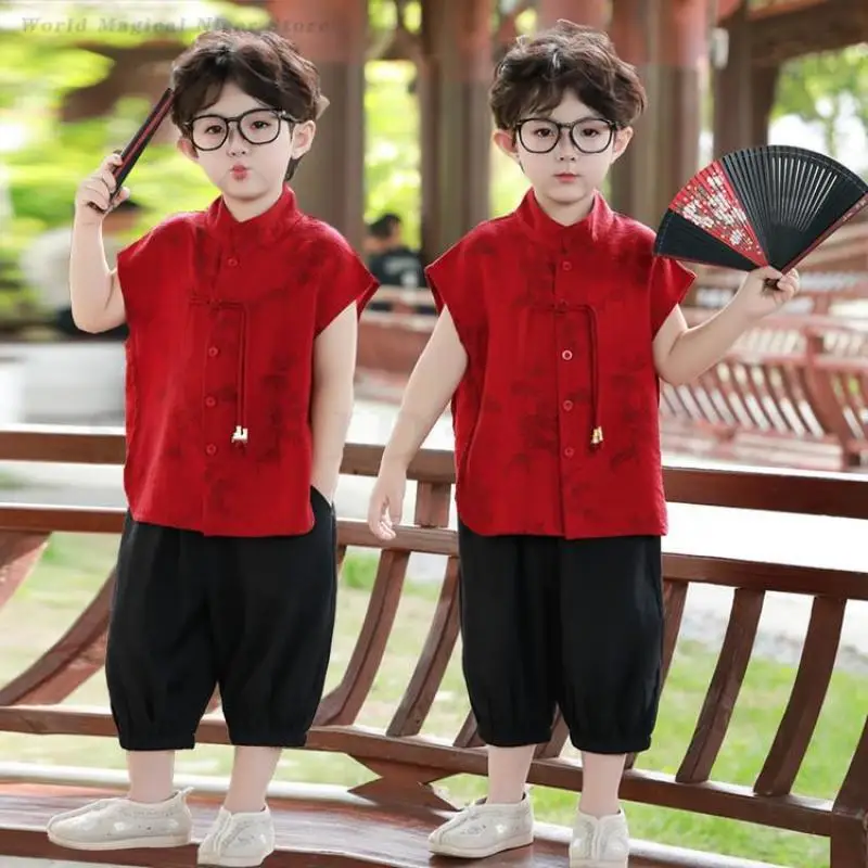 Chidren Chinese Clothing Set Casual Boys Summer Chinese Style Sleeveless Shirt Shorts 2PCS Tang Suit Kids Boys Red Retro Hanfu
