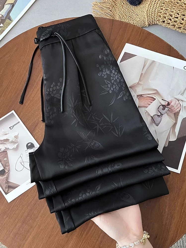 

Acetate Ice Silk Wide Leg Pants Women's High Waist Drapey Slimming New Chinese Style Casual Straight Leg Trousers Summer