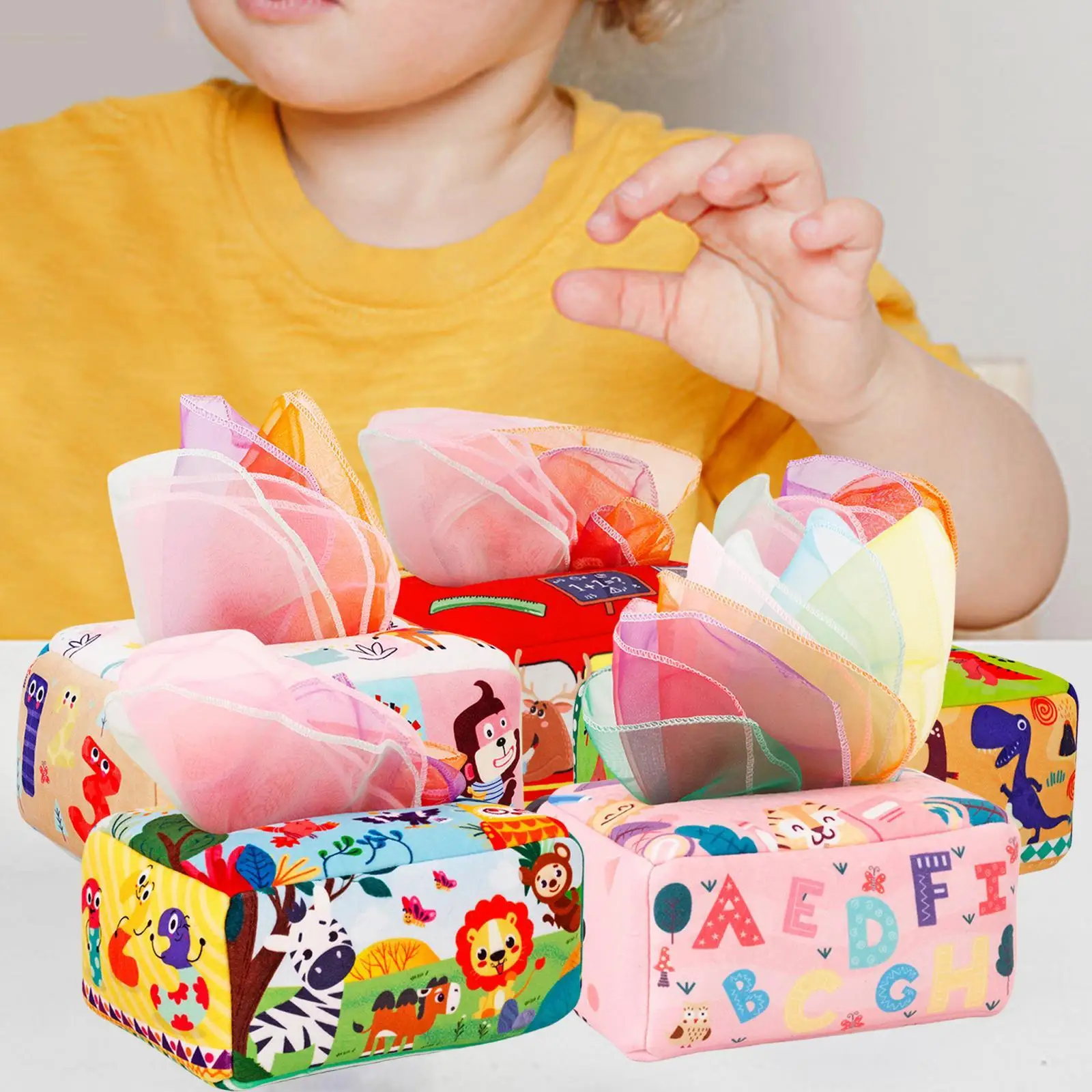 Boîte à mouchoirs pour bébé avec 10 écharpes colorées, garçons et filles, enfants de 6 à 12 mois