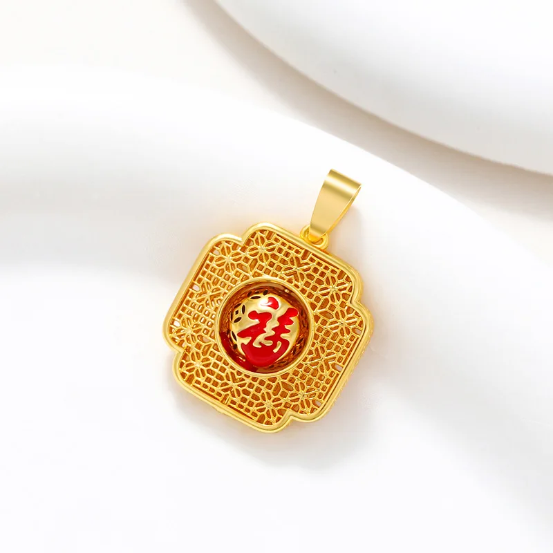 24K real gold exquisite hollow vintage Fu character pendant necklace au9999 enamel dripping oil pendant jewelry for women