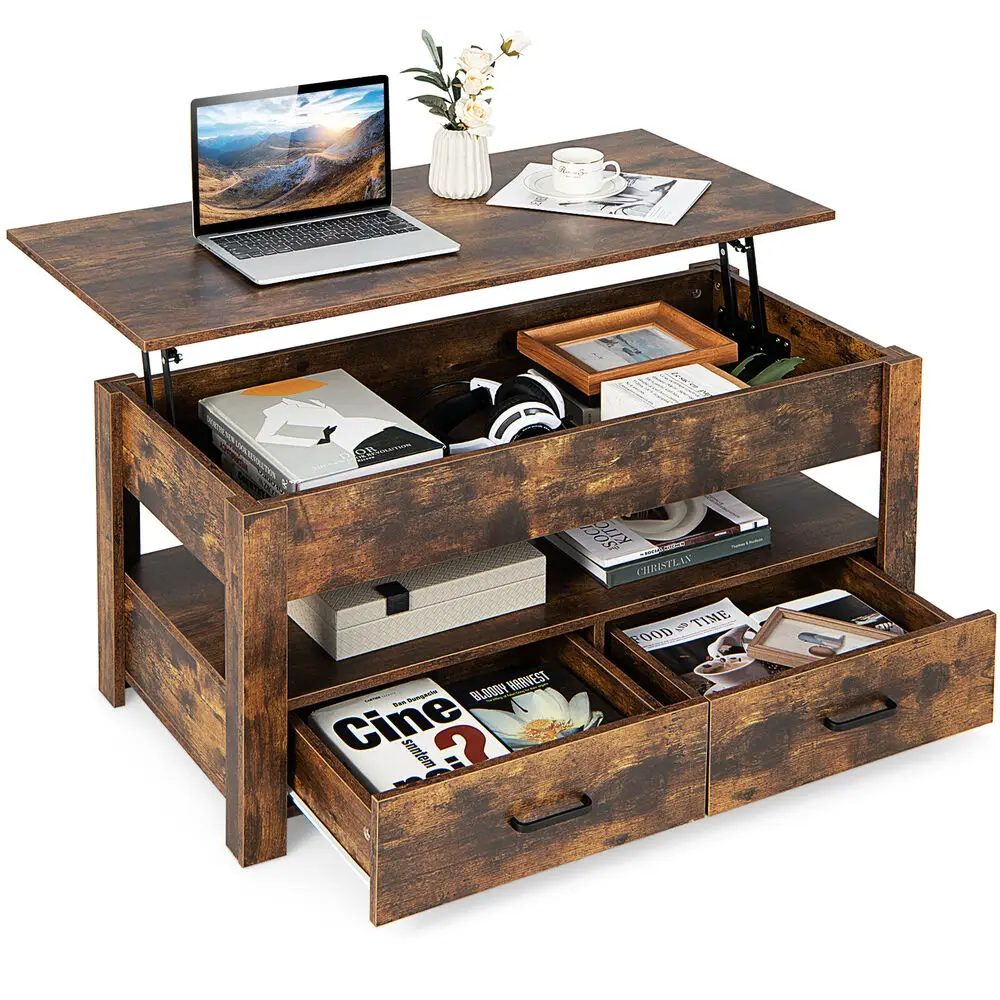 Costway Lift Top Coffee Table W/2 Storage Drawers &Hidden Compartment for Living Room