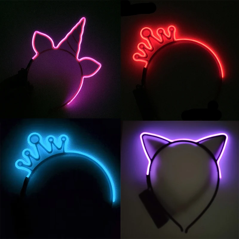 Light Up Glowing Unicorn Headband Neon LED Cat Ear Hairband For Women Flashing Crown Headwear Dj Bar nightclub Accessories