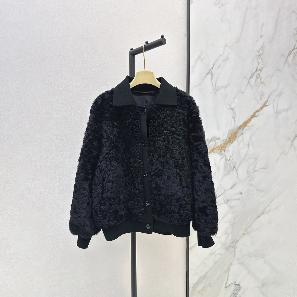2026 High Quality Women Polyester Curly Fleece Short Jacket, Lapel Button Plush Coat26102115