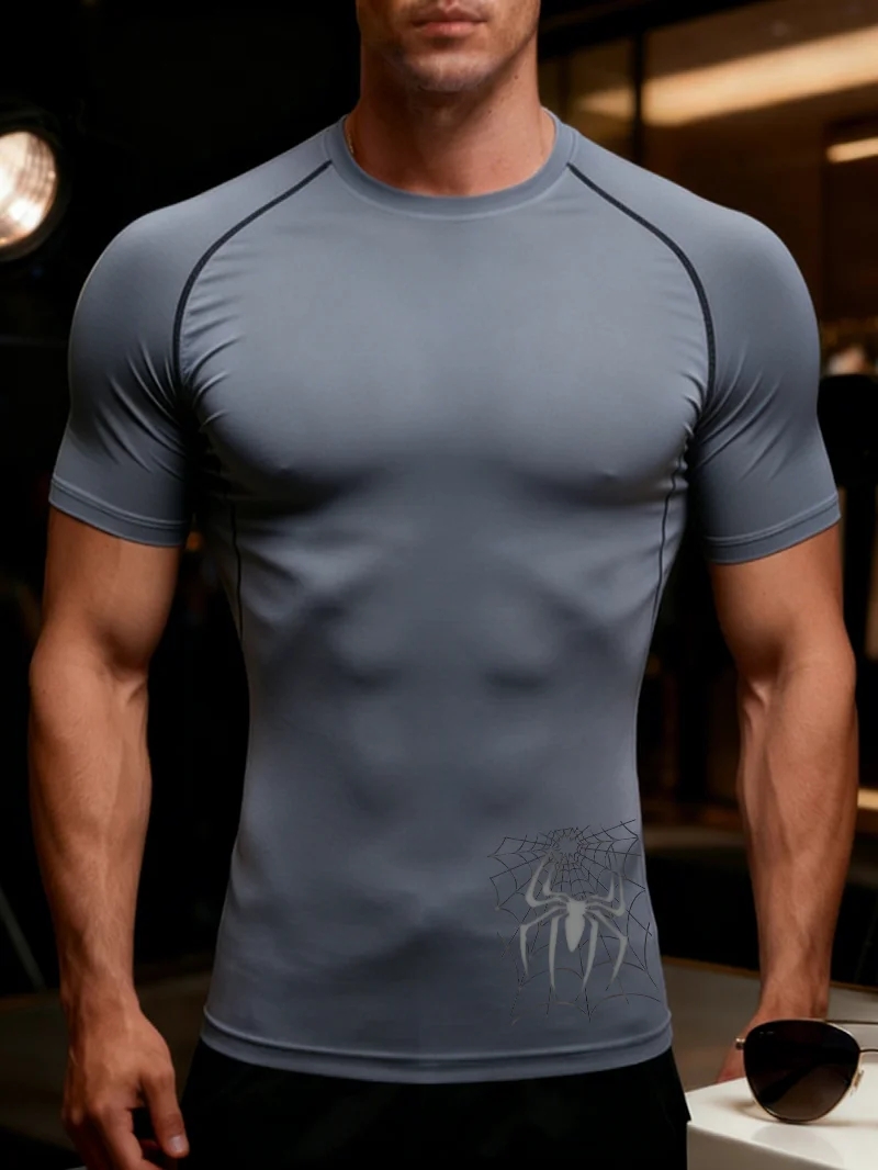 Men's spider web Print compression running T-shirt fitness tight short sleeved T-shirt training shirt Gyms sportswear quick dry