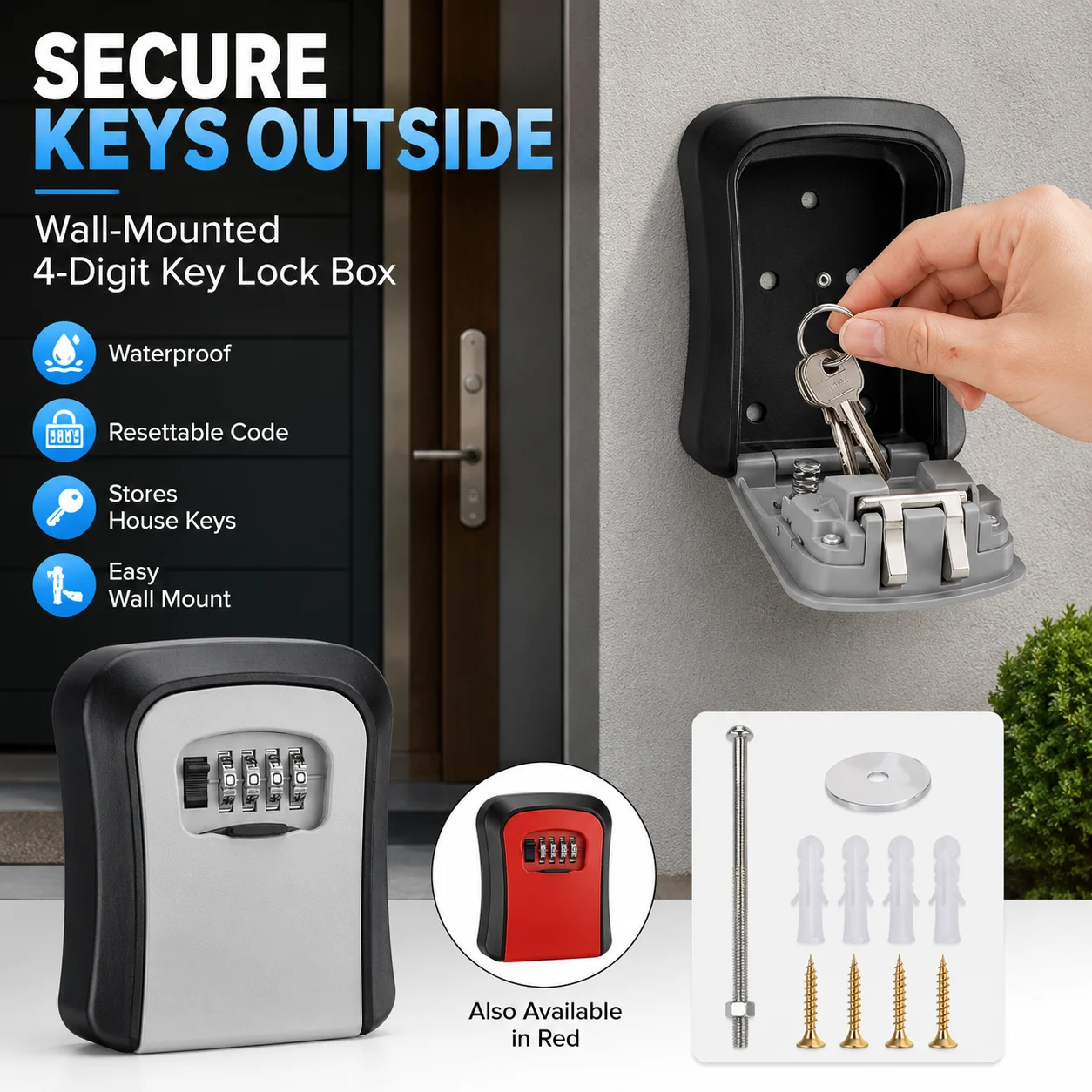 Outdoor Key Lock Box 4-Digit Resettable Combination Wall Mount Key Safe Waterproof Spare Key Storage for Home Rental