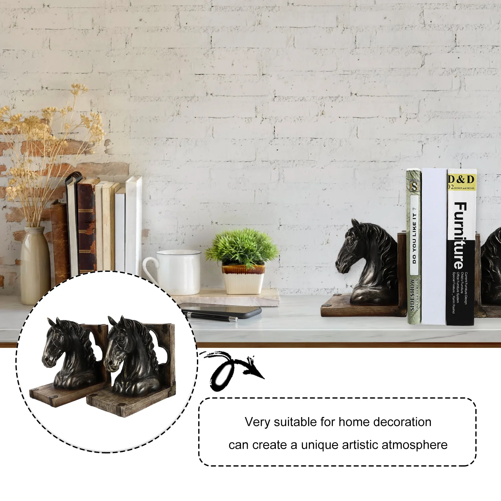 

1Pair Horse Head Bookend Resin Bookshelf Accessories Retro Style Decorative Book Fixator for Study Office Desktop Decoration
