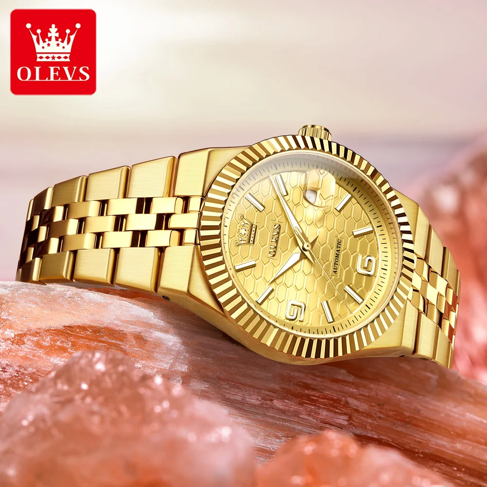 OLEVS 7105 Mens Watches Luxury Men's Wristwatch Luminous Digital Dial Solid Stainless Steel Automatic Mechanical Watch for Men