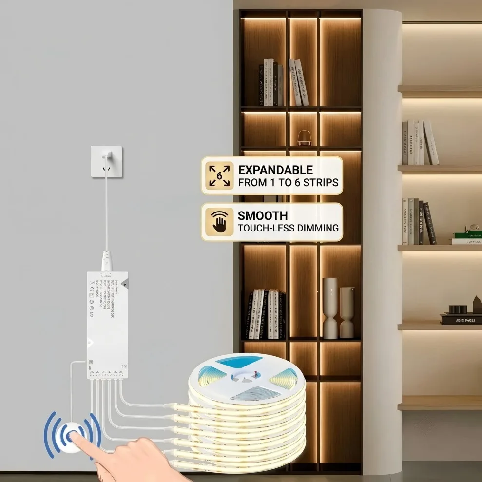 Bande LED COB DC12V avec contrôle de synchronisation et interrupteur à capteur, 320 LED/m, avec alimentation électrique pour cuisine, garde-manger, vitrine, chambre à coucher, placard, éclairage d'arrière-plan.