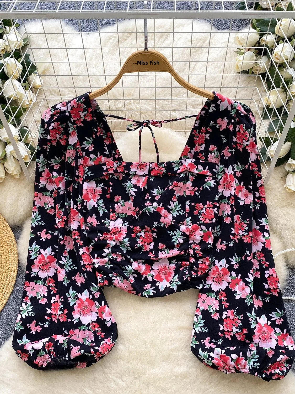 Ele Floral Print Bubble Sve Quadratischer Kragen ort irt Damen Sommer Vintage Trendy Top Koreanische Sle Loose Fit Bluse