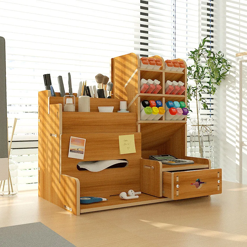 Multifunctional Pen Holder Office Storage Box Drawer Style Desktop Multi-Layer Wooden Box Nordic Tissue Box Pen Holder Storage