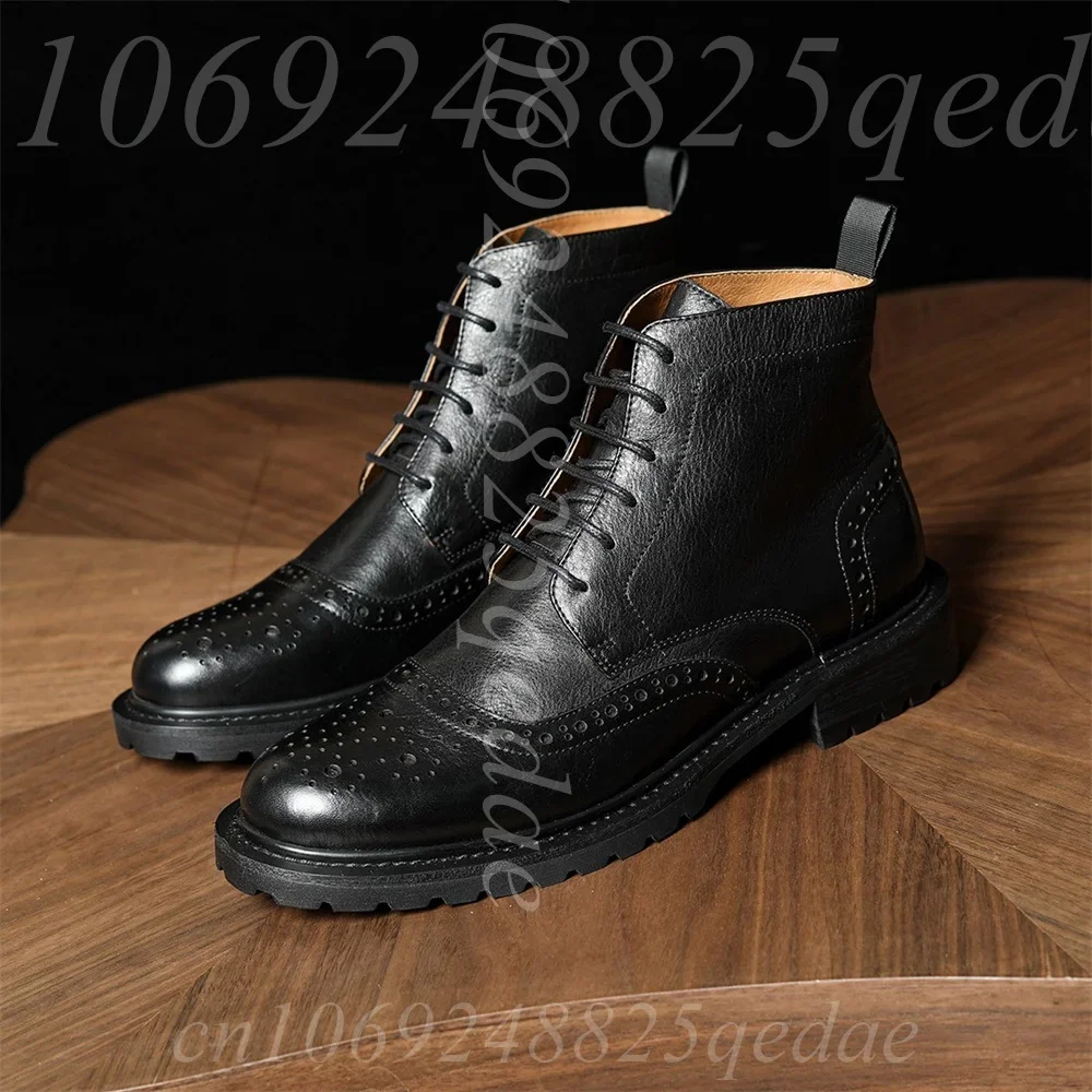 Men's Brogue Wingtip Lace-Up Ankle Boots, Pull Tab, Non-Slip Lug Sole, Comfortable Durable Boots for Men, Classic Brogue Detail