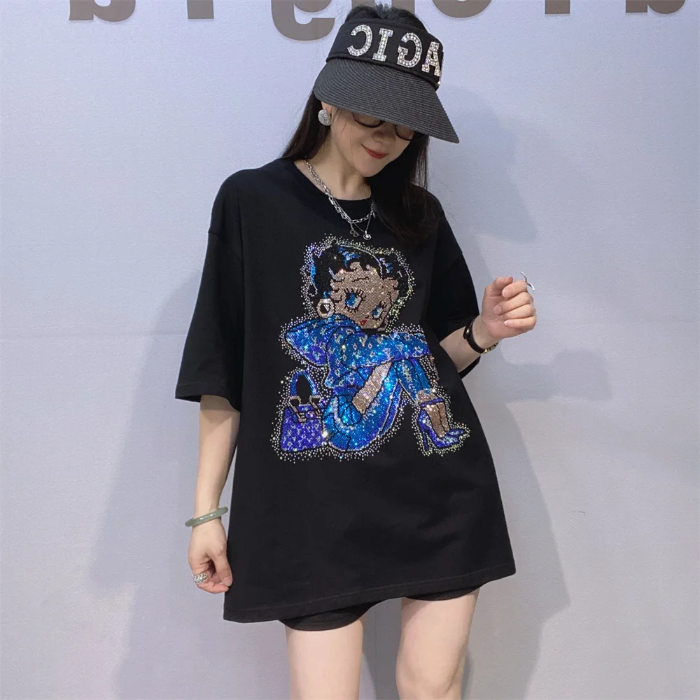 

Plus Size Cartoon Character Pattern Diamonds Short Sleeve T Shirt Women Summer Clothing Thin Casual Loose O Neck Tops Knitwear