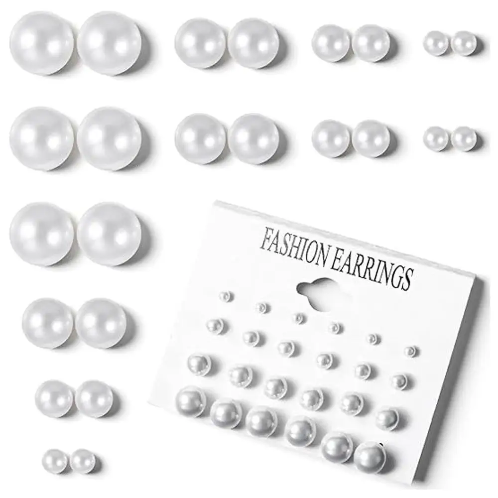 12Pairs Stud Earrings Women White Simulated Pearl Ball Earrings Studs Set Pearls Jewelry For Bridal Wedding Birthday Jewelry