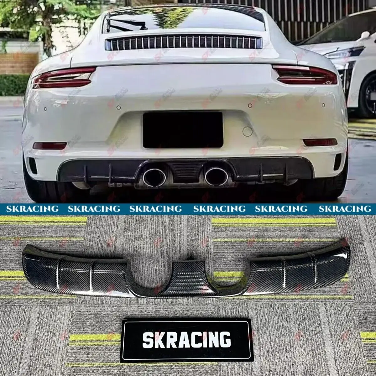 

Fits 17-19 Porsche Carrera 911 991.2 Black/Carbon Fiber Rear Bumper Lip Diffuser