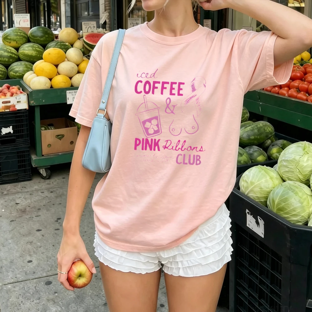 Iced Coffee & Pink Ribbons Club T Shirt Women Breast Cancer Awareness Short Sleeve Tee Warrior Support Casual Cotton Graphic Top