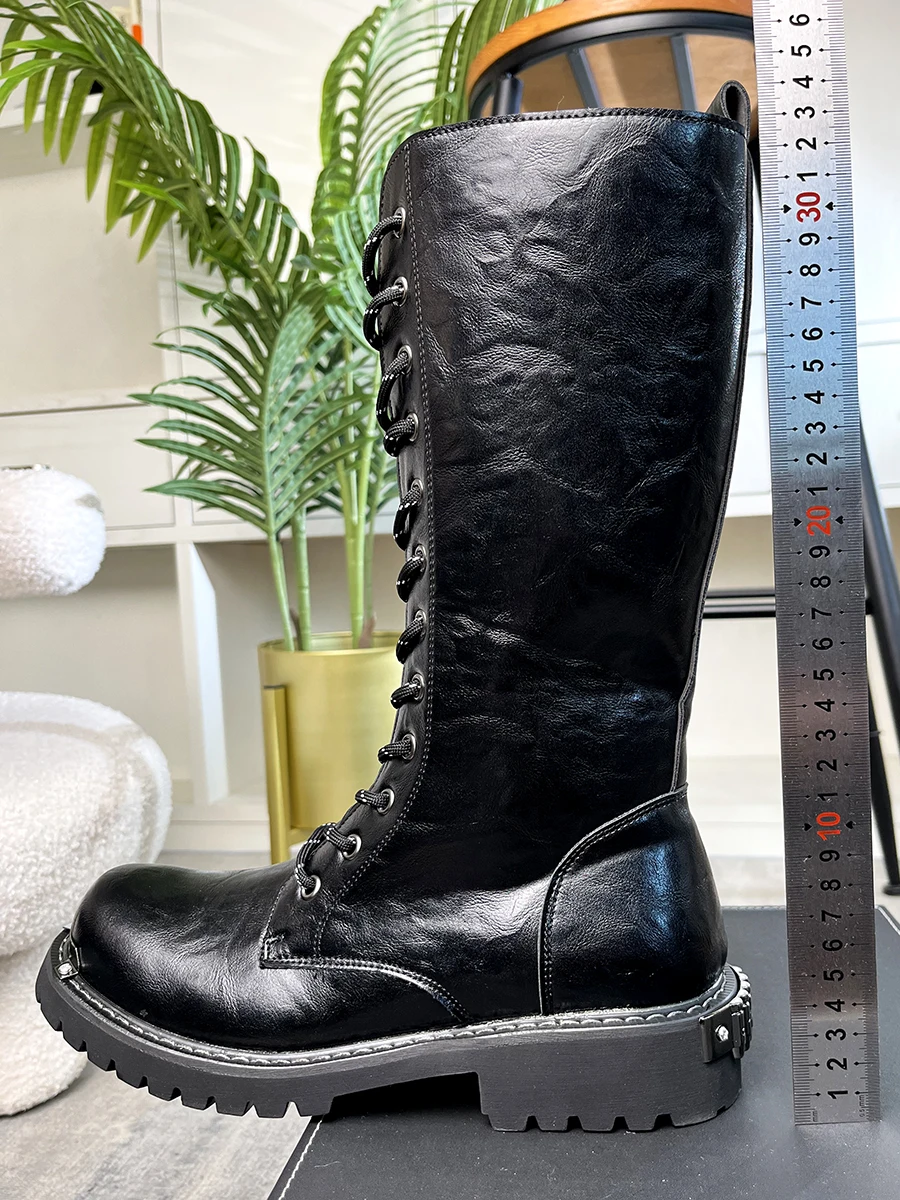 

Metal Decor Men's Knight Boots British Style Thick Soled Lace Up Side Zipper Knee High Boots Spring Autumn Outdoor Male Shoes
