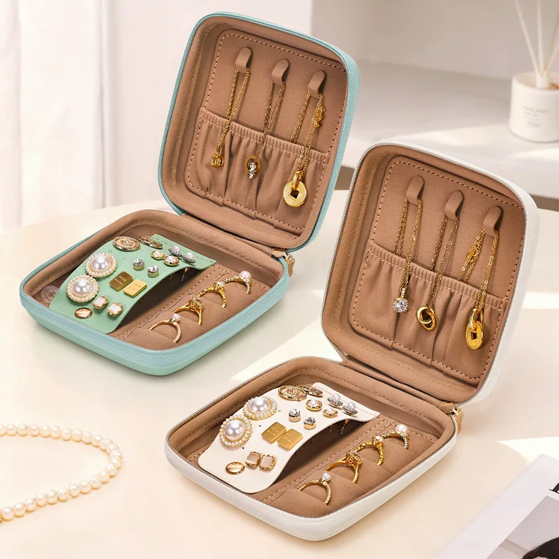 

Portable Zipper Jewelry Box for Travel Single Layer Earring Ring Organizer Case Leather Look Jewelry Storage Box