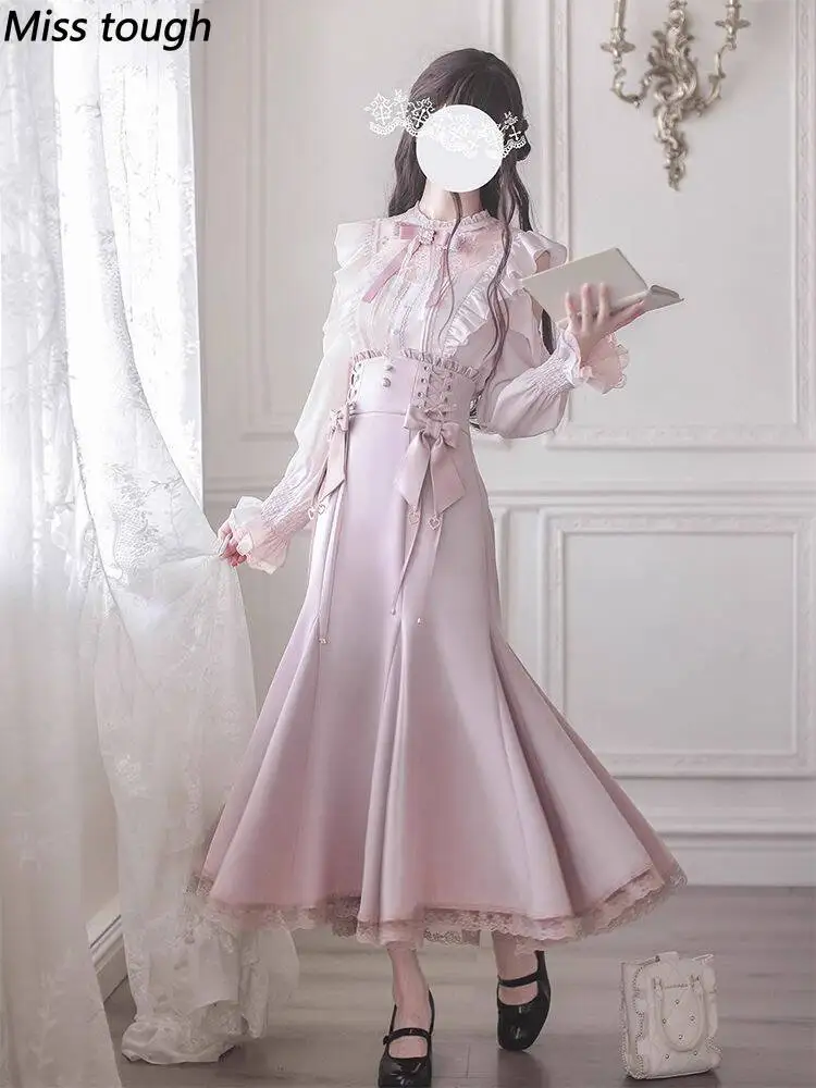 French Elegant Gothic Vintage Women 2 Piece Set Lace Ruffled Tops + Bow Tie Bottomed Flared Skirt Subculture LLolita Outfits New