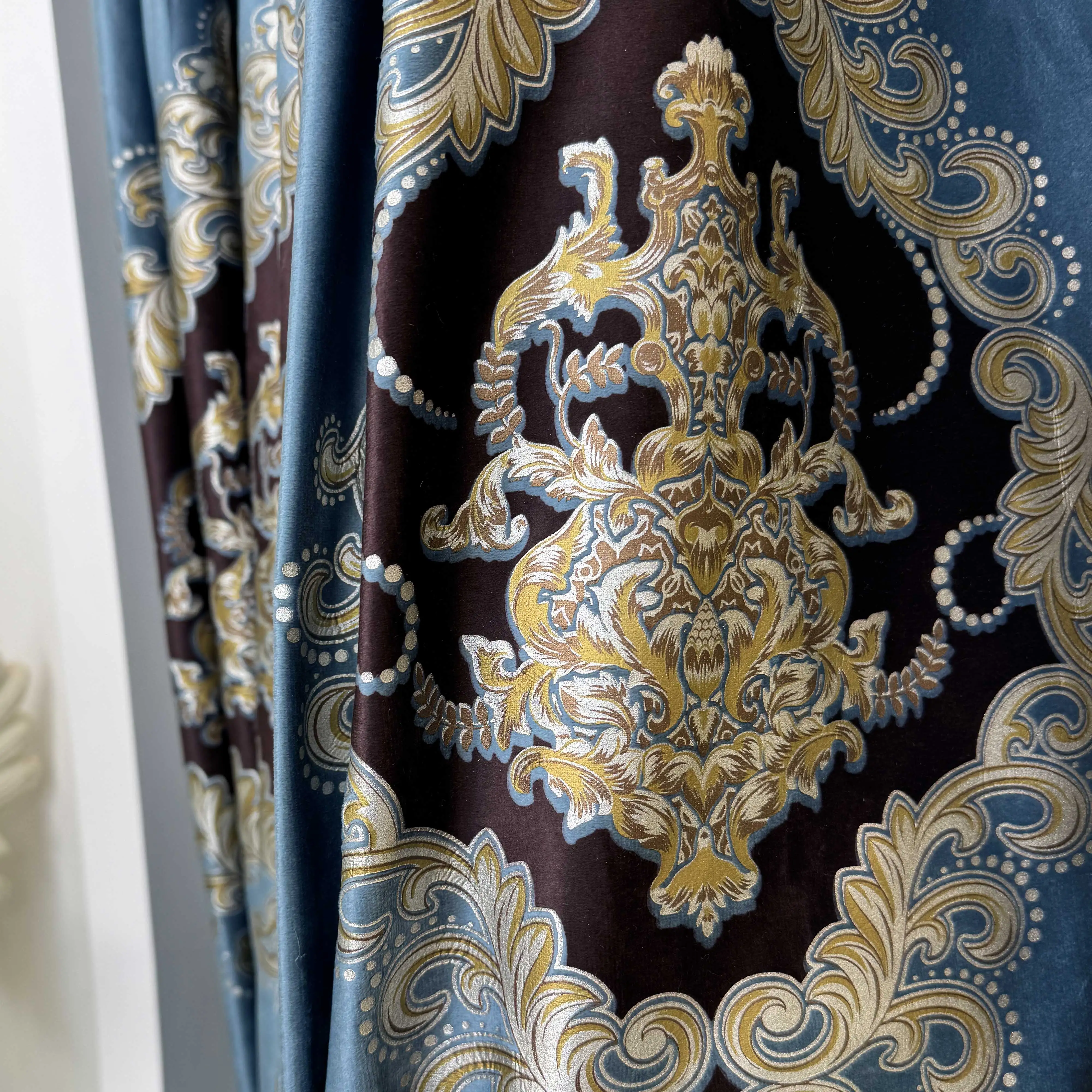 luxury European thick Velvet retro window room blue yellow lace embroidered cloth blackout curtain tulle valance drape M1792