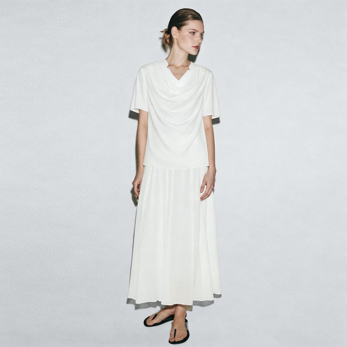 Amii Women's Summer Blouse 2026 New Cowl Neck Patchwork Chiffon Top Straight Fit Short Sleeve Casual Ladies Blouses 12642157