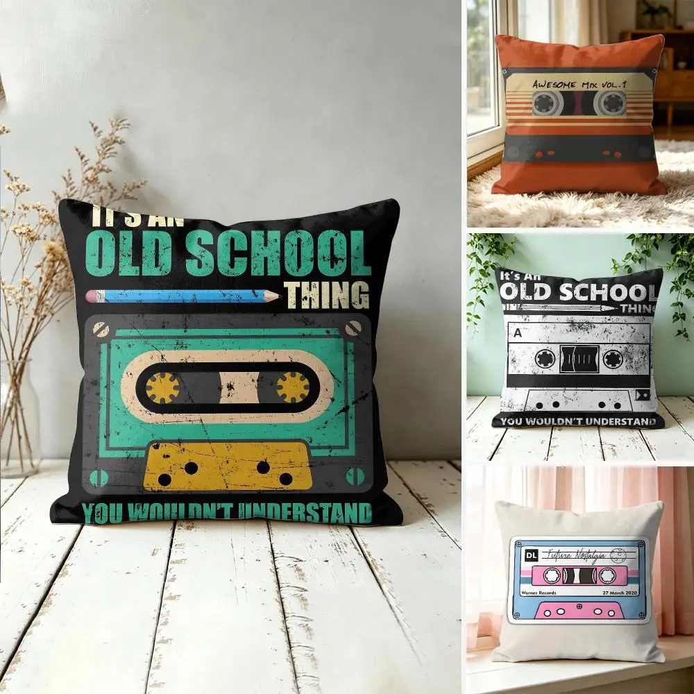 Old School Cassette Tape Cushion Cover Plush Fabric Soft Double-Sided Printed Sofa Warm Winter Home Gift Pillow Cover