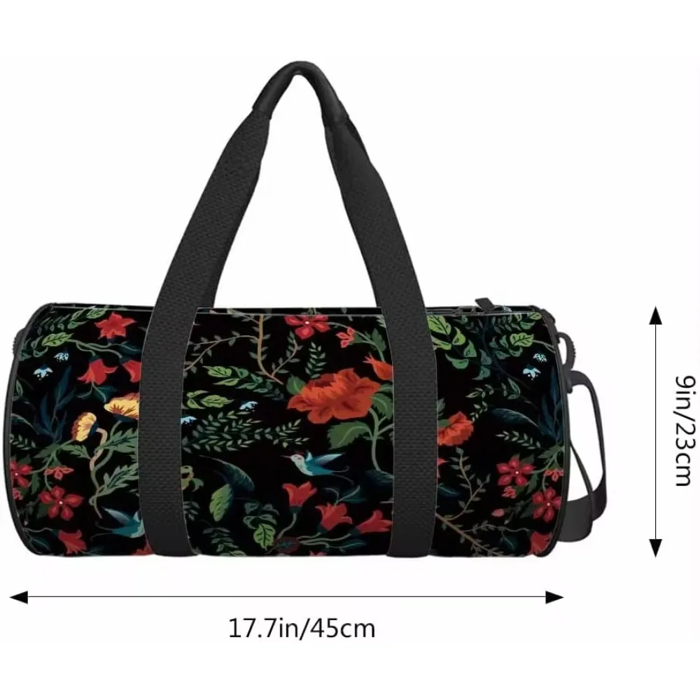 Floral Birds Black Sports Duffle Bag Morning Garden Men Women Weekender Bag for Traveling Tote Gym Bag Shoulder Overnight Bag