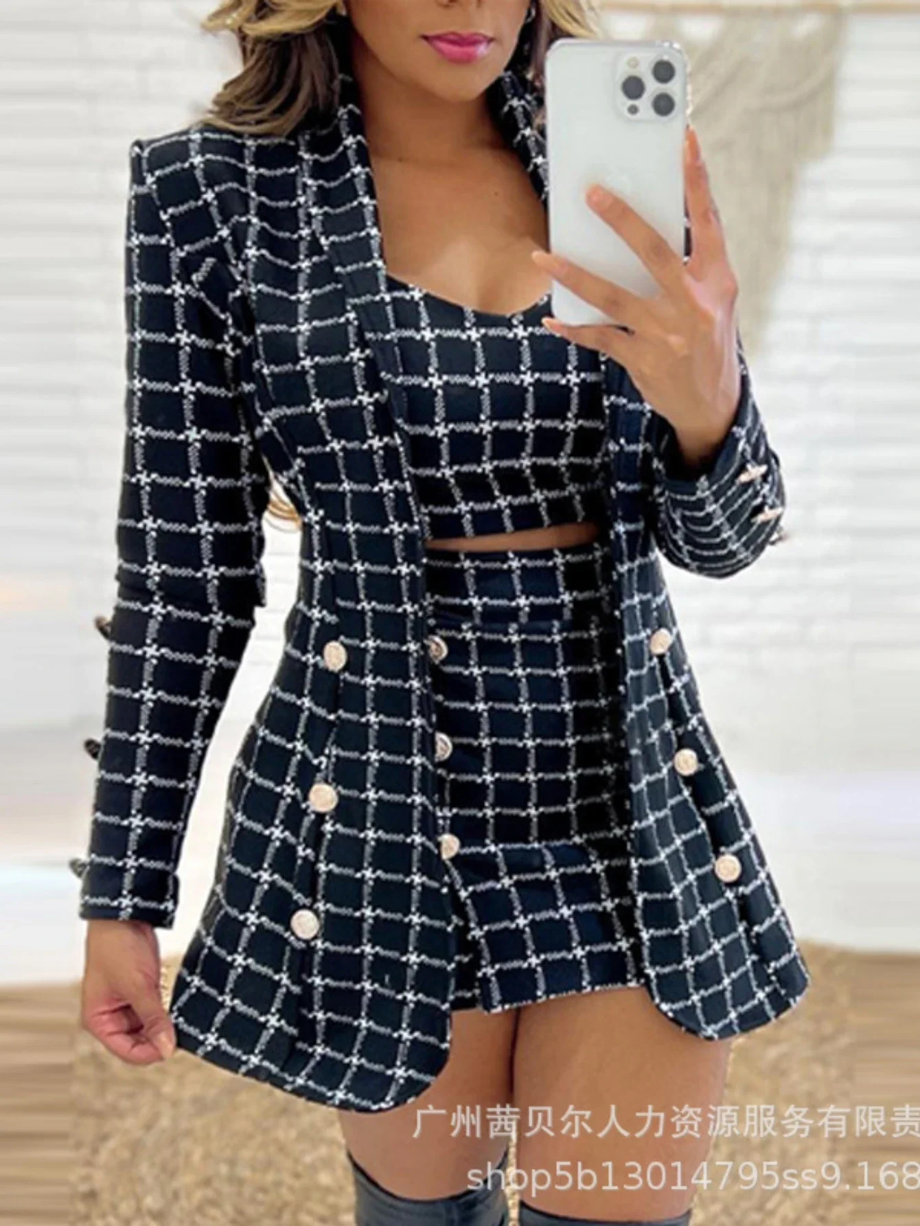 Women Short Sets Three Piece Plaid Blazer Suit Turn Down Collar Coat Strapless Shorts Suits Elegant Lady Button Spliced