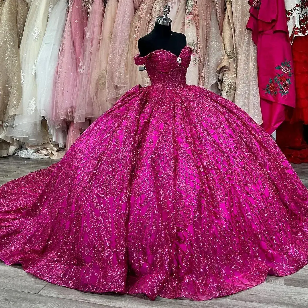 

Hot Pink Sparkly Sequined Quinceanera Dresses Long for Sweet 16 18 Off the Shoulder Crystal Ball Gown Prom Dresses Gowns