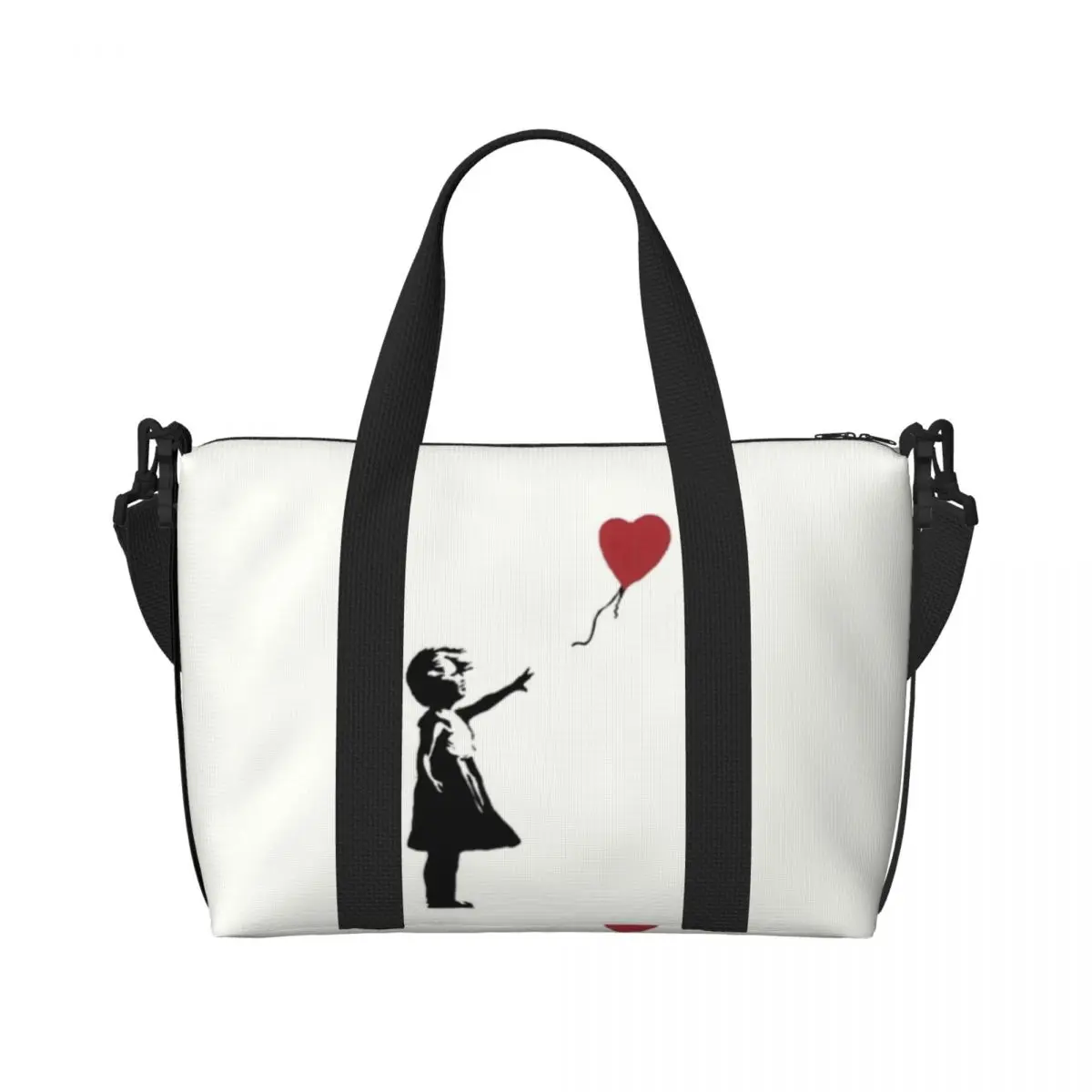 Custom Girl With Balloon Banksy Beach Tote Bag for Women Street Graffiti Art Big Compartment Gym Beach Travel Bags