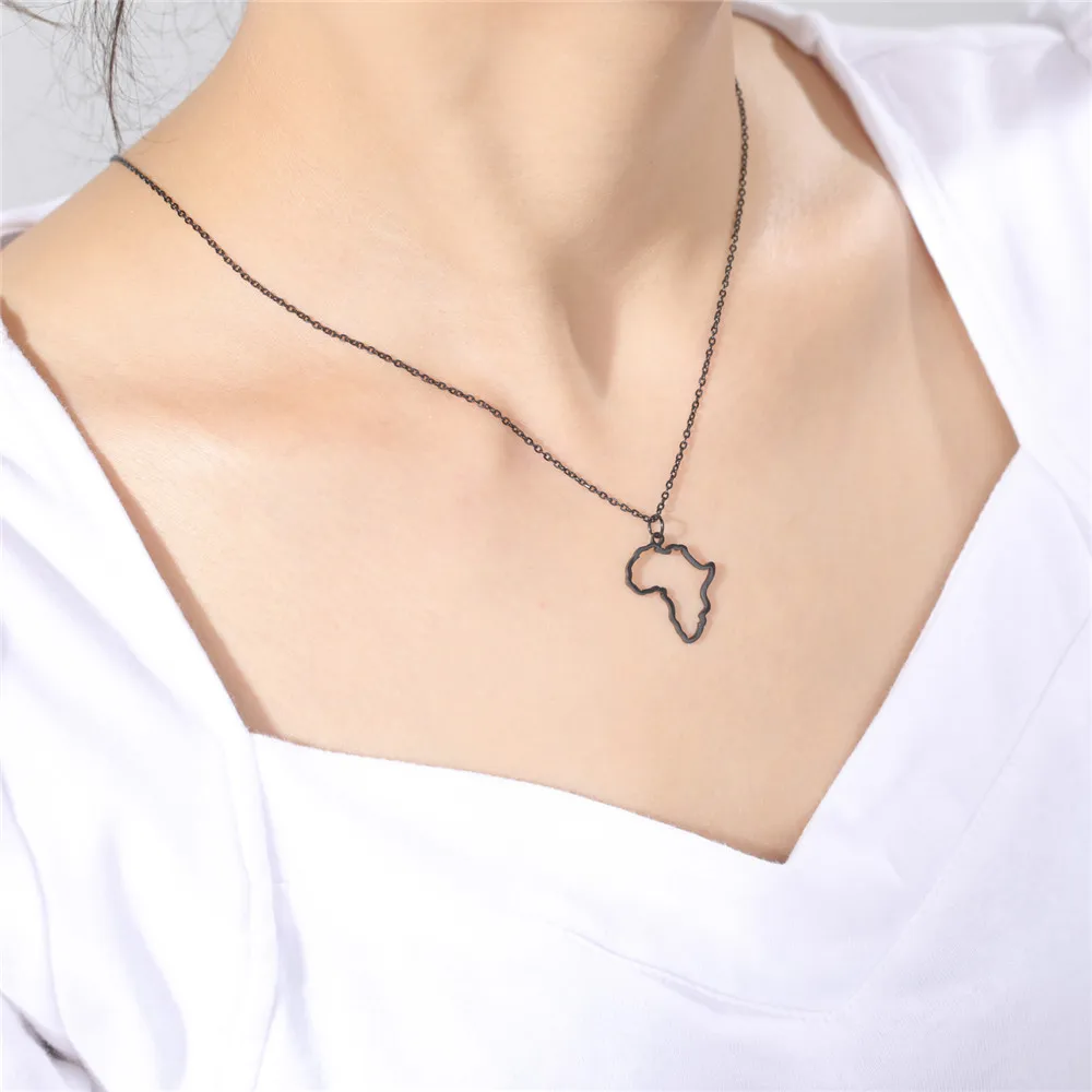 Skyrim Hollow Africa Map Stainless Steel Pendant Necklace for Women Geometric Motherland Map Gold Color Chain Necklaces Jewelry