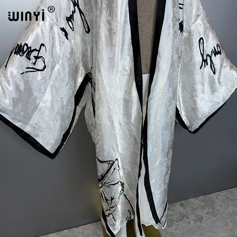 WINYI 아프리카 보헤미안 프린트 기모노 롱 드레스 여성용 가디건 비치 의상 카프탄 비치 커버업 파티 드레스 섹시 맥시 코트