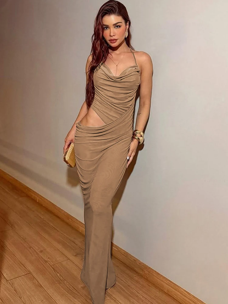 Cutenew Rückenfreies Sexy Kleid für Damen, Träger, unregelmäßig, tailliert, gerüscht, Pfirsich, Hüfte, elegant, Abschlussball, Party, Stretch, dünn, Maxi, figurbetont