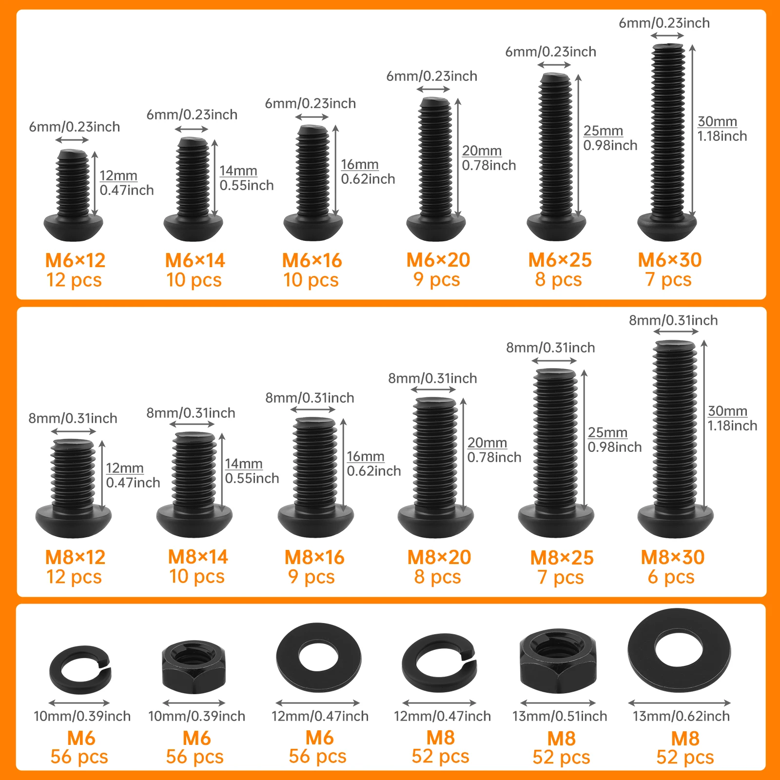 432 pcs 10.9 Grade Alloy Steel Black Oxide M6-1.0 M8-1.25 Button Head Hex Socket Cap Screws Bolts Nuts Washer Assortment Kit