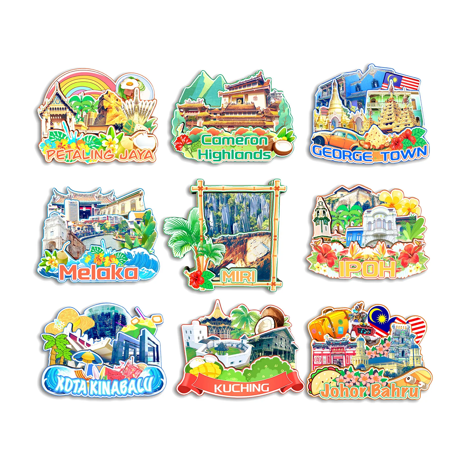 Johor Bahru Kuching Kota Kinabalu Ipoh Melaka George Town Cameron Highlands Malaysia Fridge Magnet Travel Souvenir Gift #1
