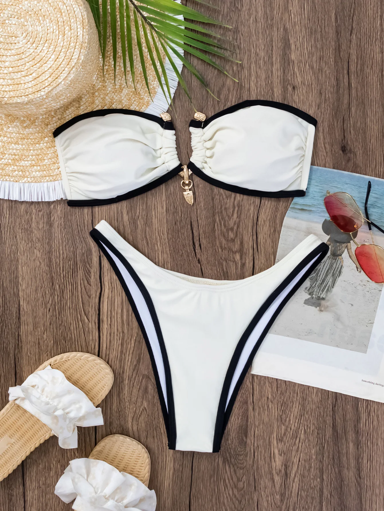 

sexy patchwork bandeau metal bikinis sets two pieces padded back tie thong swimwear female bathing suit swimsuit biquini
