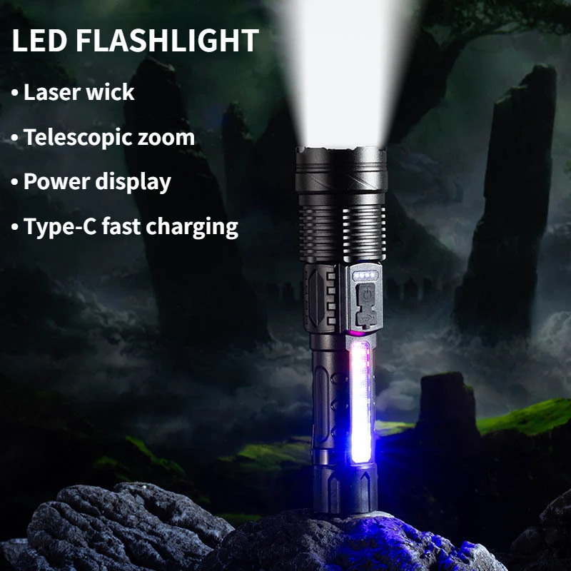 

P50 Super Bright Flashlight White Laser Rechargeable Telescopic Zoom Torch Emergency Warning Lamp Outdoor Portable Camping Light