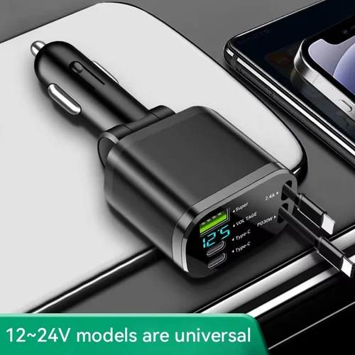 Cargador de coche retráctil 5 en 1, Cable USB C para IPhone, Huawei, Samsung, adaptador de encendedor de cigarrillos de carga rápida PD QC3.0 12V-24V