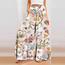 Sweet Paisley Printed Boho Trousers Casual Womens Loose Pants Aesthetic Pants High Waist Lace Up Wide Leg Casual Long Trousers