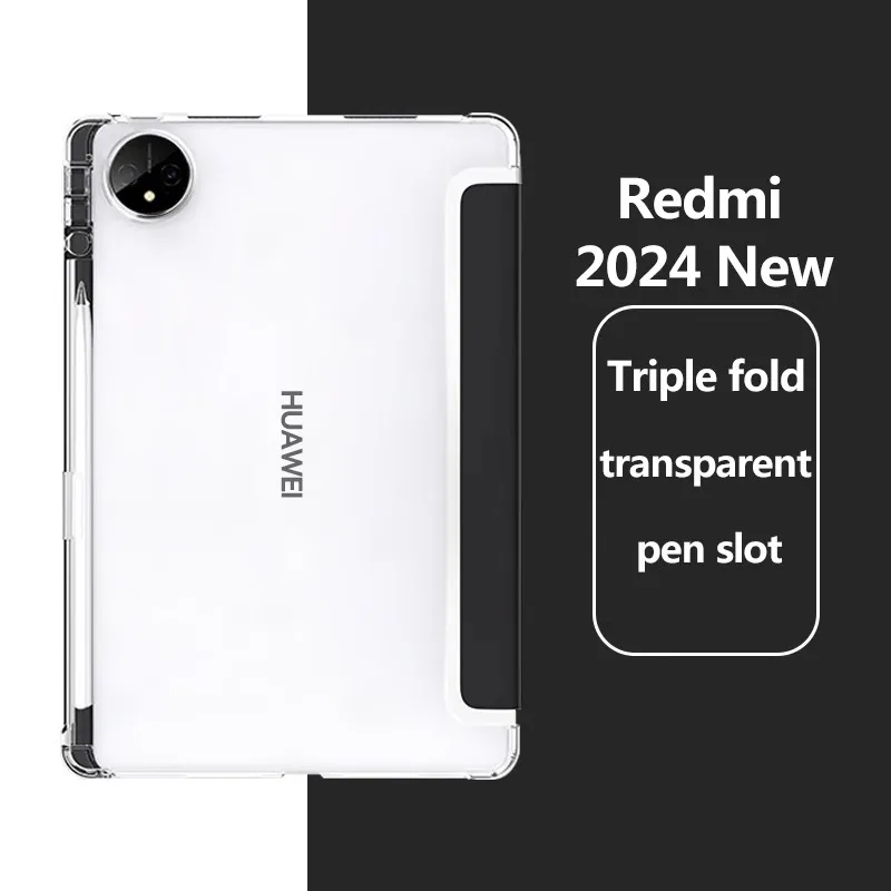 Funda suave de TPU con tapa triplegable transparente para Xiaomi Redmi Pad SE, 8,7 pulgadas, 4G, con portalápices