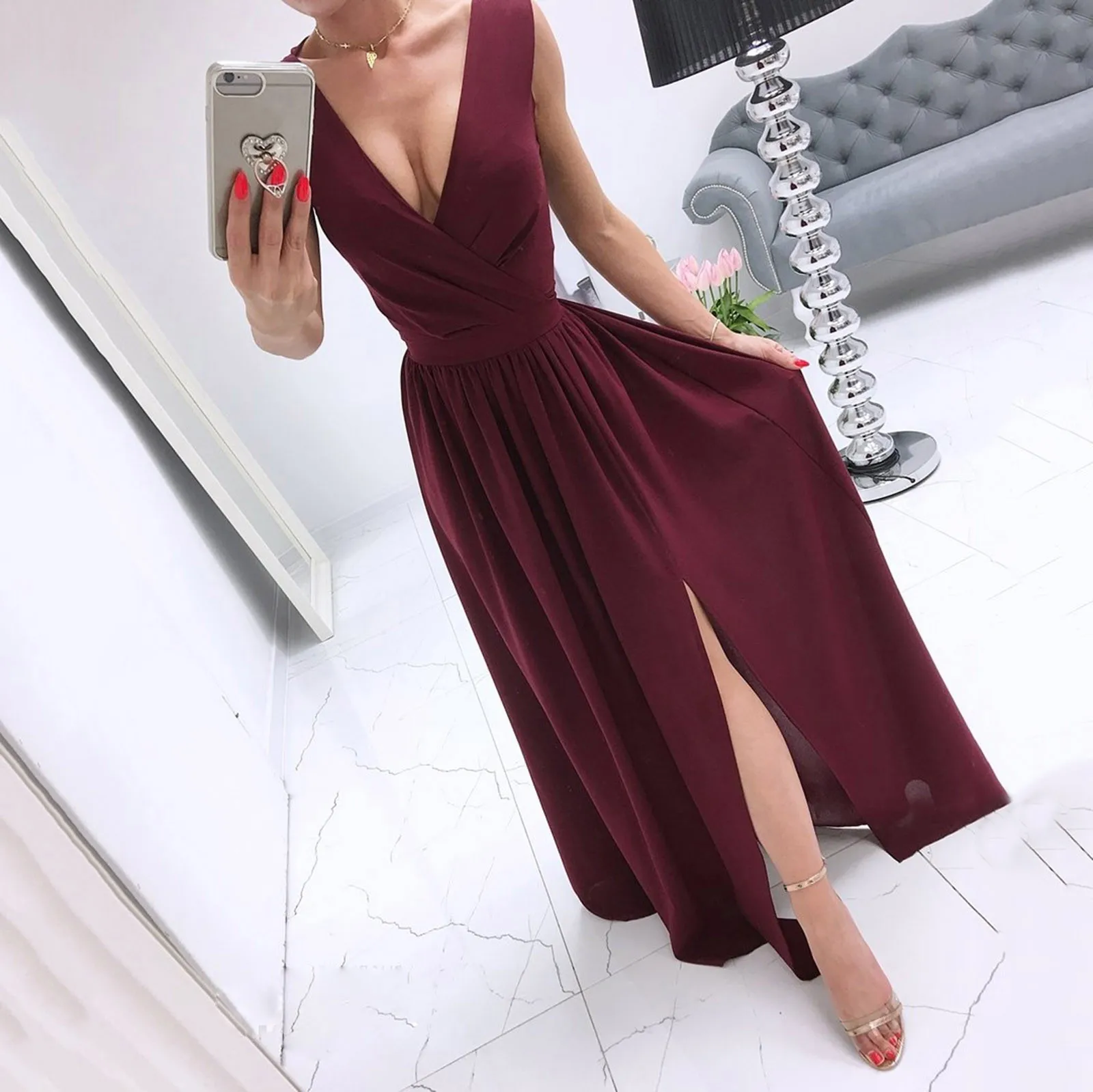 

2024 Summer Split Sexy Deep V Belt Tunic Maxi Dress Women Solid Sleeveless Ladies Cocktail Party Long Boho Dresses Vestidos Robe