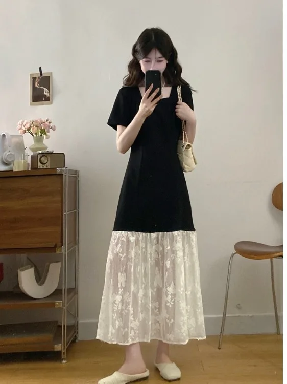 

Женское кружевное платье больших размеров с коротким рукавом, юбка А-силуэта с высокой талией, французский стиль, летнее, новое, модное, элегантное платье для города и повседневной носки