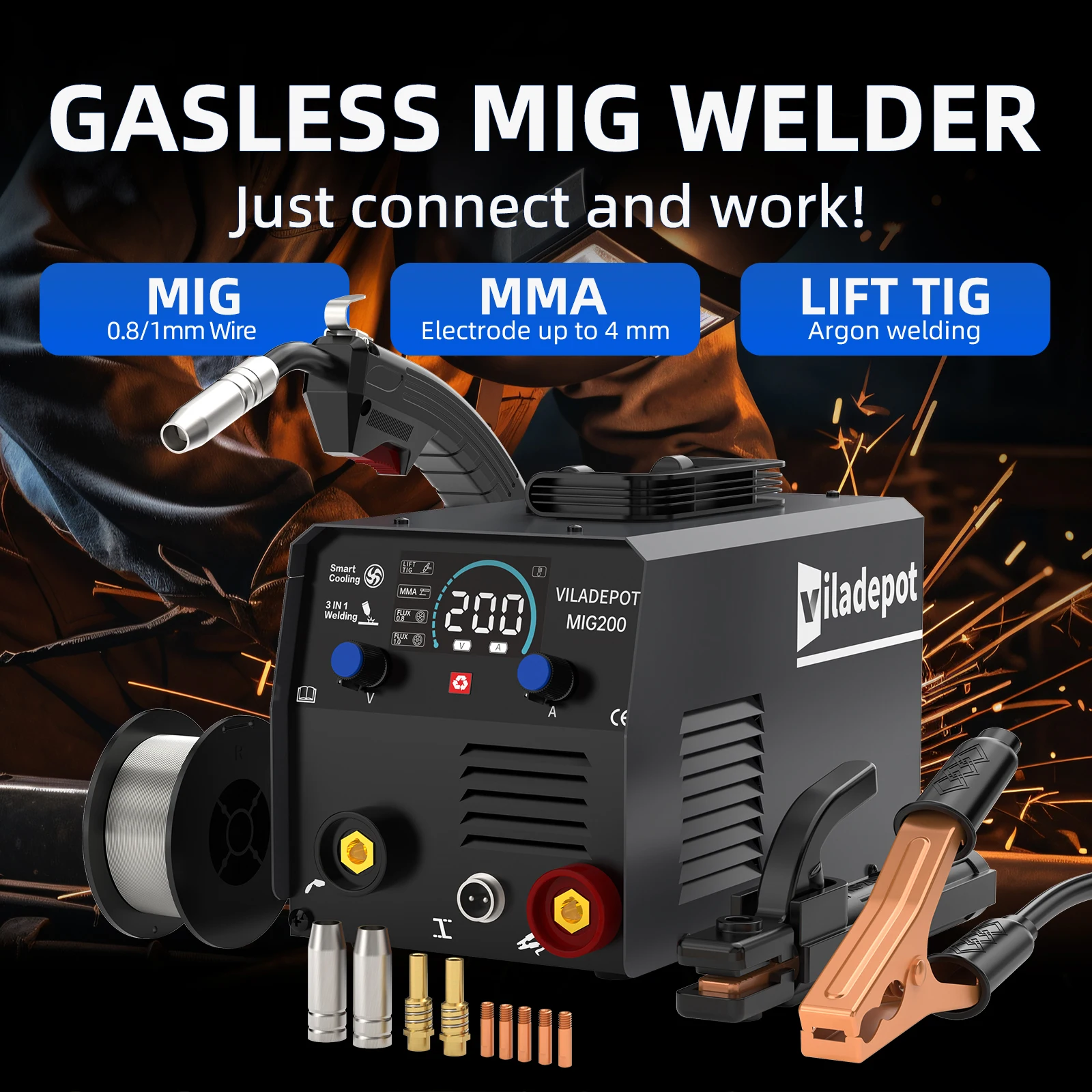 Viladepot MIG200 3-in-1 MIG-Schweißgerät 200A Selbstgeschützter Fülldraht/Lift TIG/MMA IGBT Tragbare 220V MIG-Schweißmaschine