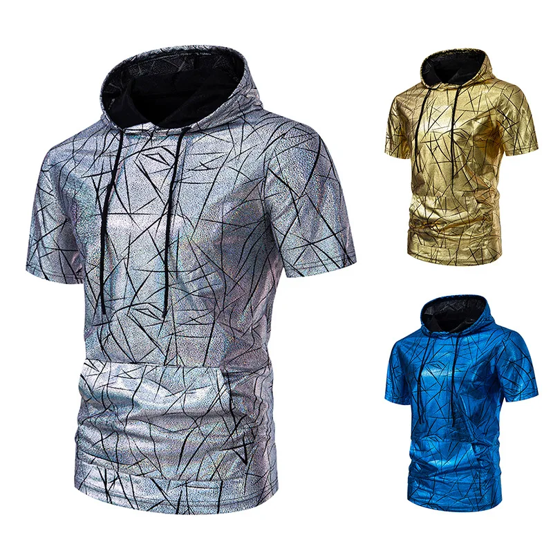 2024 New Men's Clothing 70s Disco Hot Stamping Print European Size Sports Hooded Short Sleeved T-shirt Top Trend