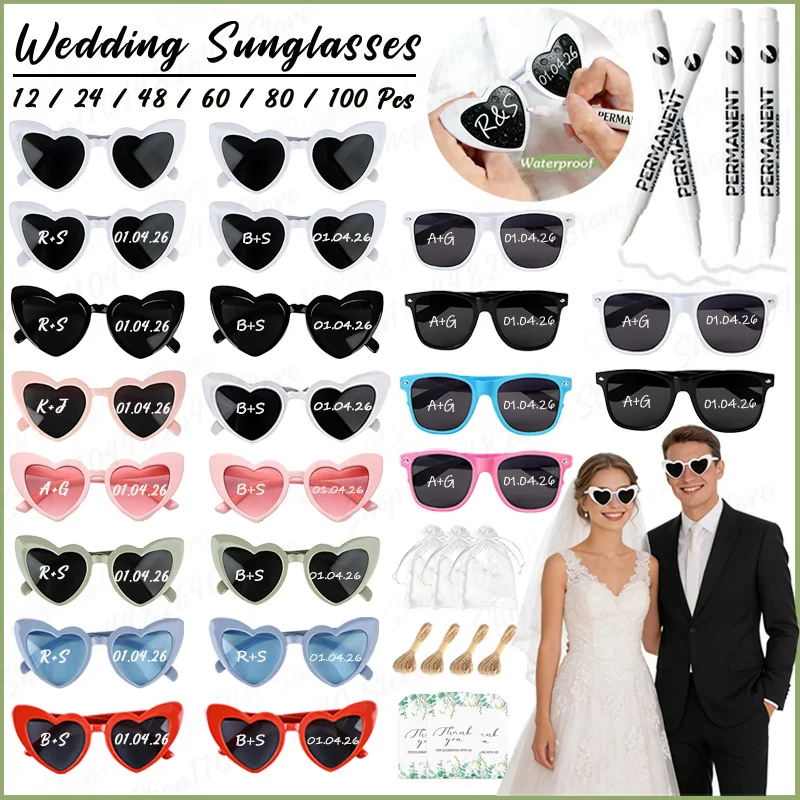 12-100 pièces Lunettes de soleil de mariage pour invités, Lunettes en forme de cœur, Lunettes pour enterrement de vie de jeune fille, Cadeaux de fête prénuptiale, Accessoire photo