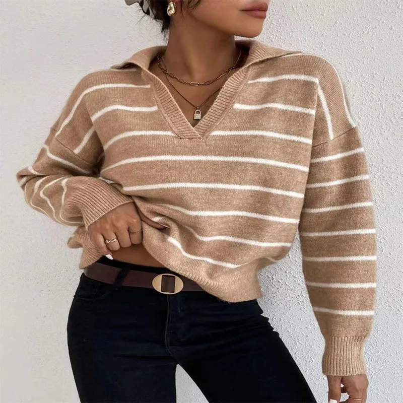 

Faionable Long Sve Striped Knitted Ne Top Ele Sle Women's Premium Quali Elastic Fiber Spring 2024